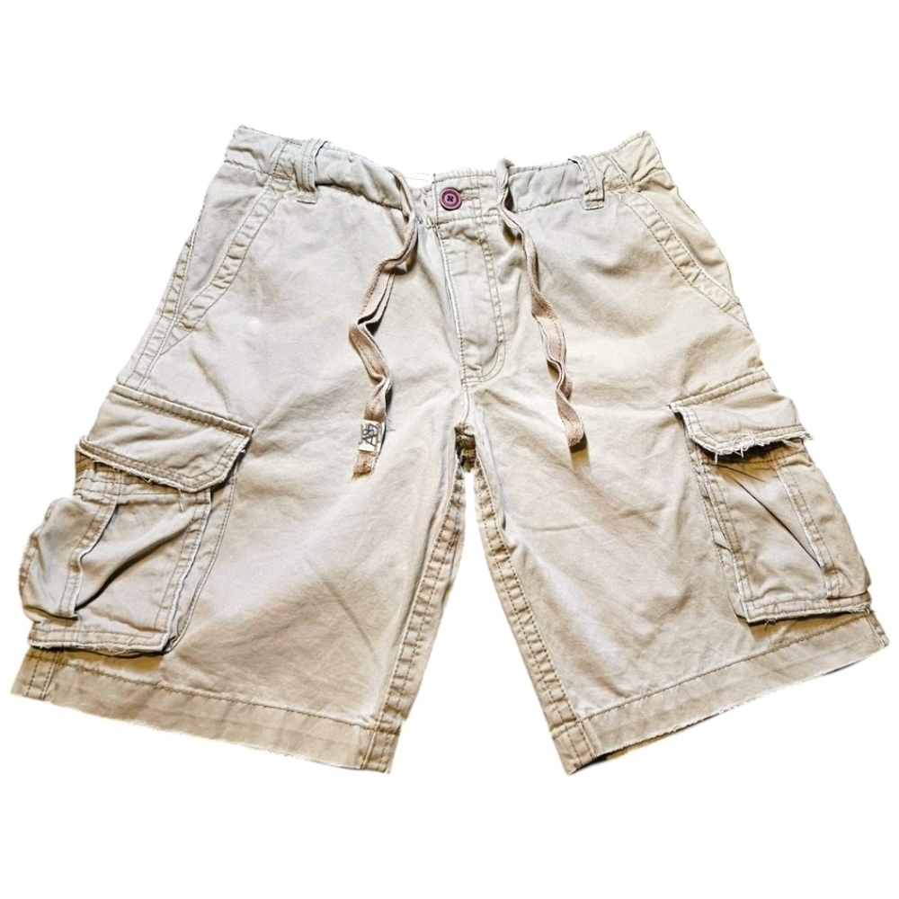 Aeropostale Mens Cargo Shorts 31” Y2K Beige Button Drawstring Distressed Baggy